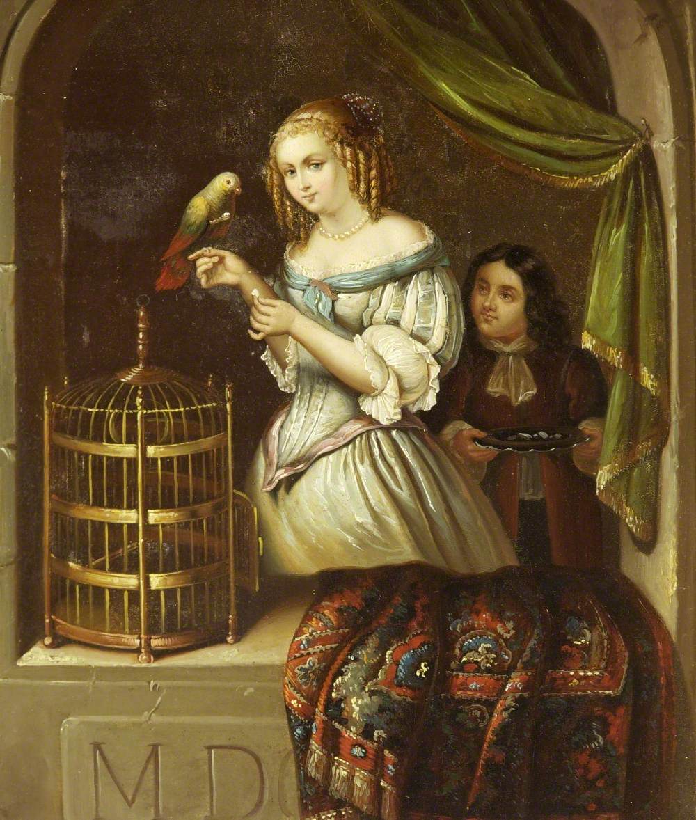 Caspar Netscher, Retrato de una joven con loro, ca. 1666.
