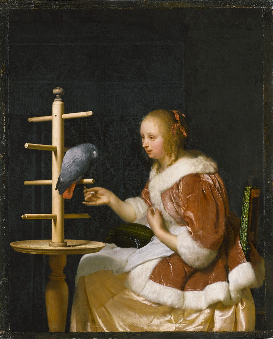 Frans van Mieris, Mujer dando de comer a un loro, 1663. The Leiden Collection, Nueva York.