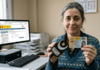 Mujer enseñando su DNI español y un lector de tarjetas