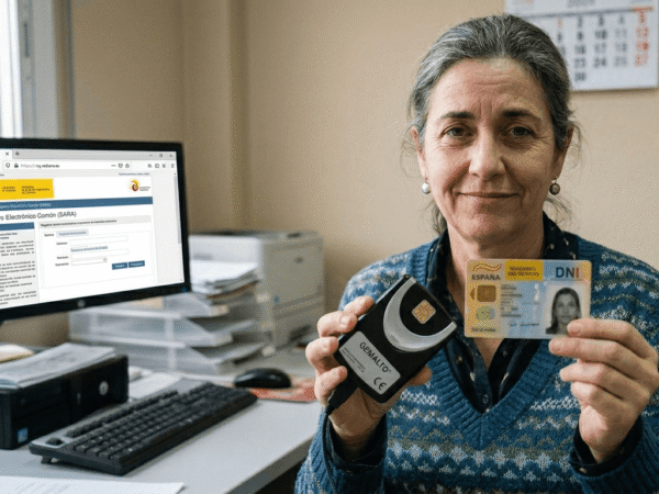 Mujer enseñando su DNI español y un lector de tarjetas